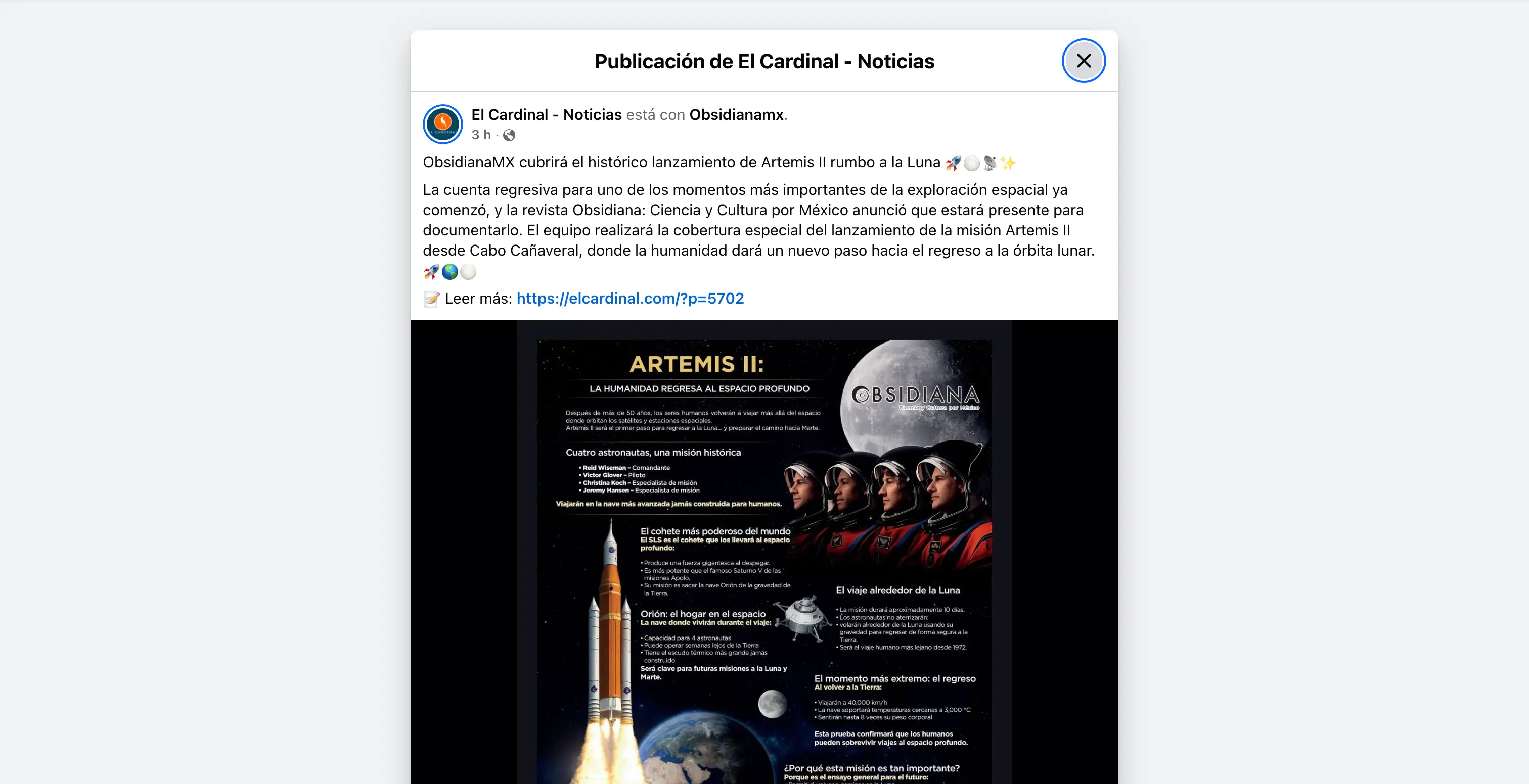 ObsidianaMX cubrirá el histórico lanzamiento de Artemis II rumbo a la Luna