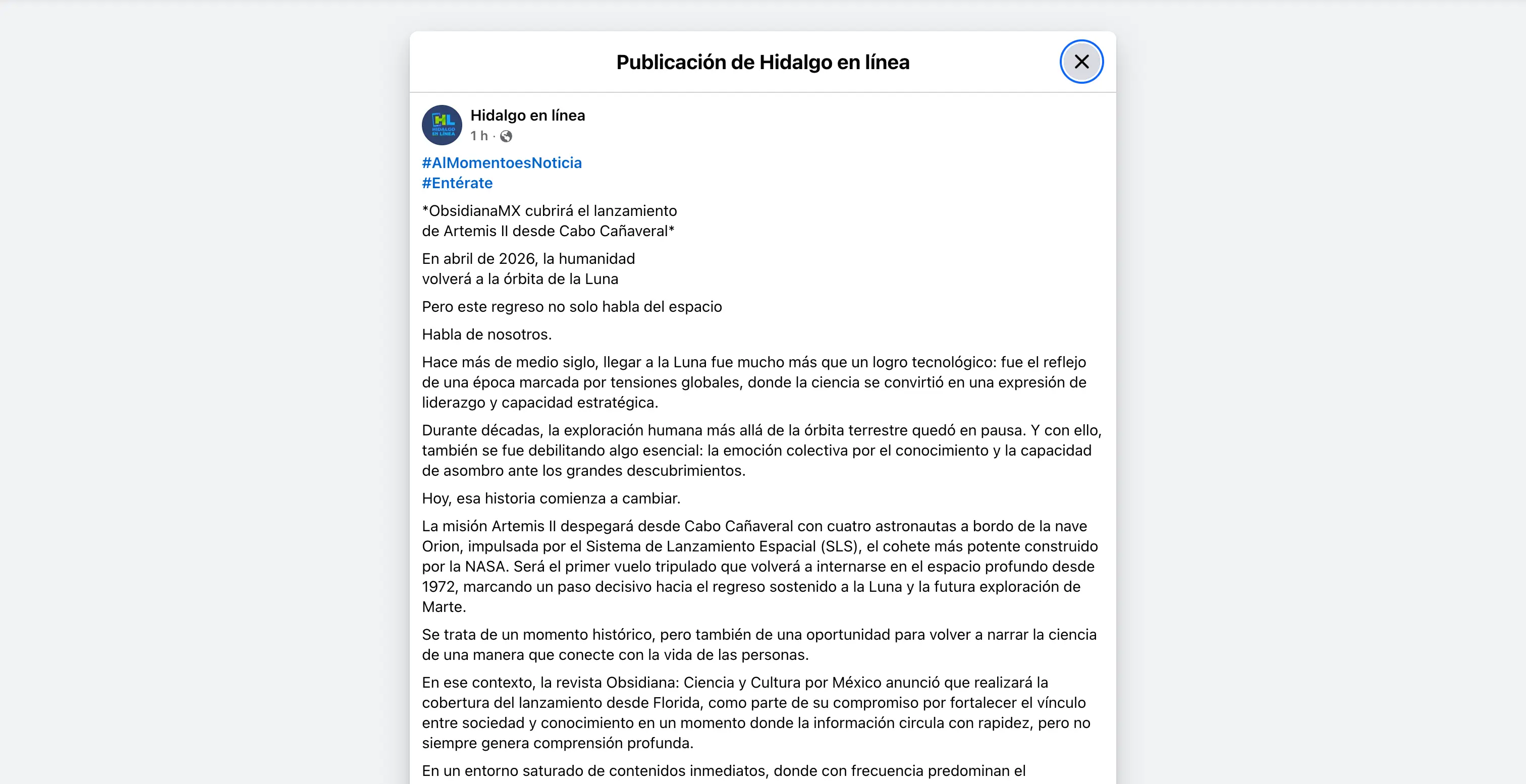 ObsidianaMX cubrirá el lanzamiento  de Artemis II desde Cabo Cañaveral
