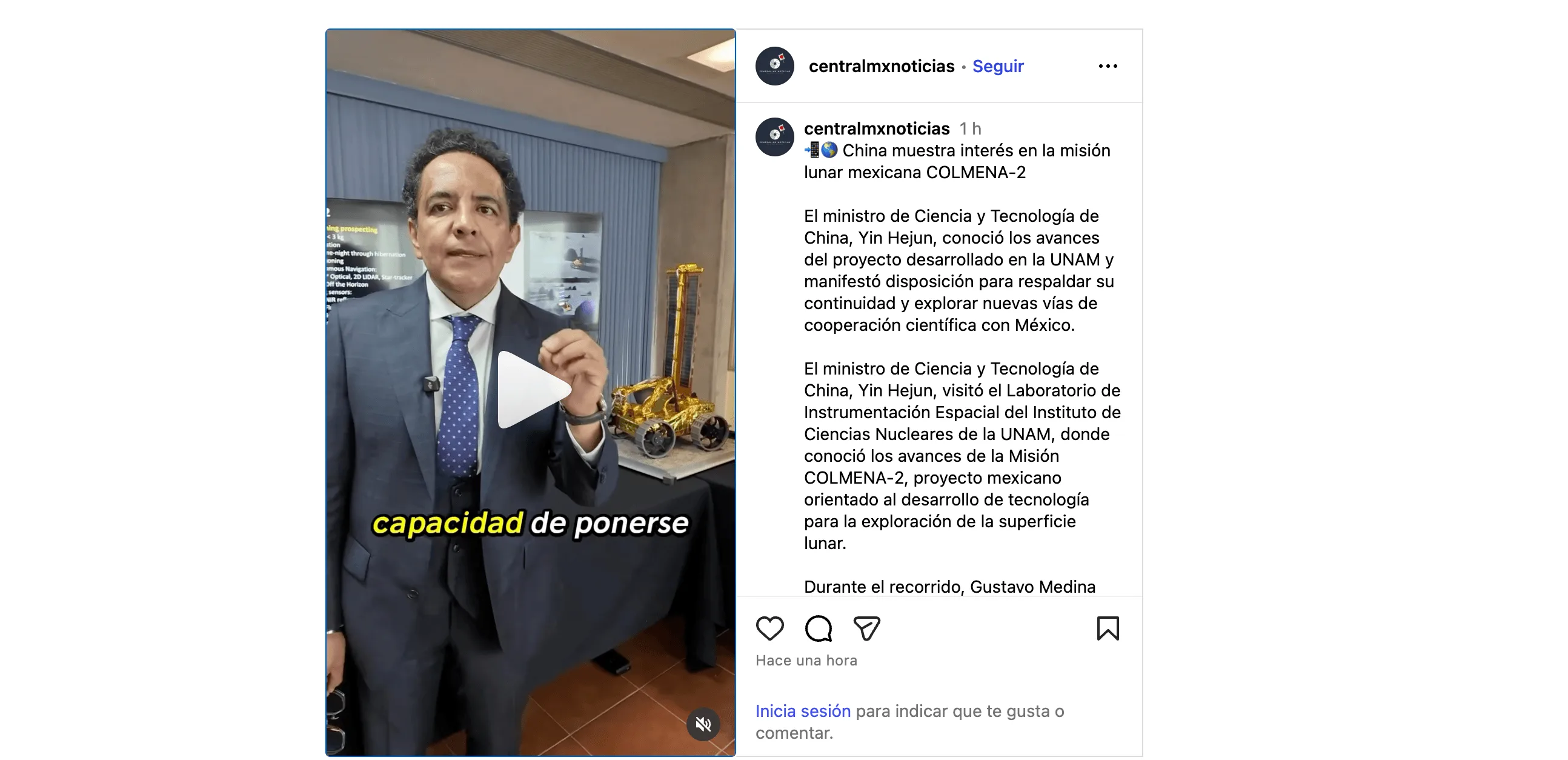 China muestra interés en la misión lunar mexicana COLMENA-2